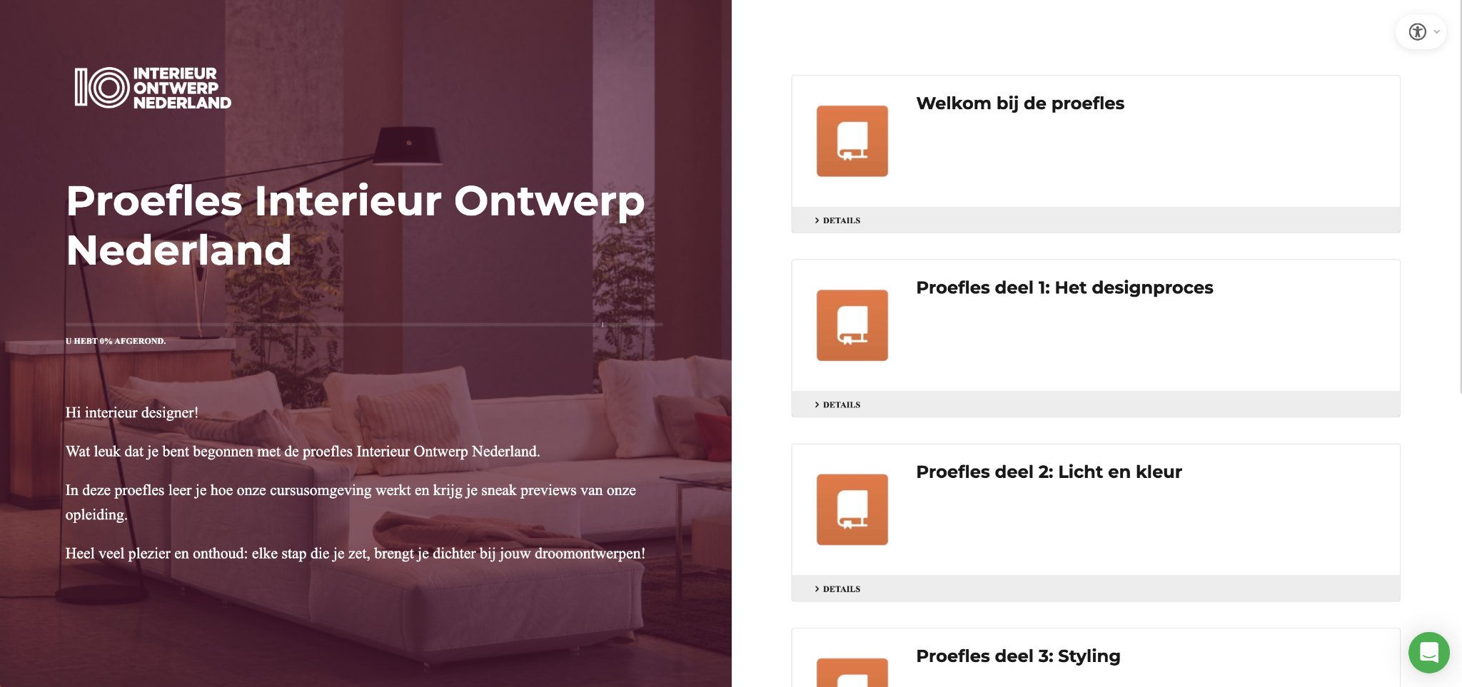 Screenshot van de gratis proefles van Interieur Ontwerp Nederland